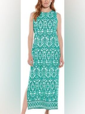 Coolibar Dorsey Teal Print SPF 50 Maxi Dress Size Medium